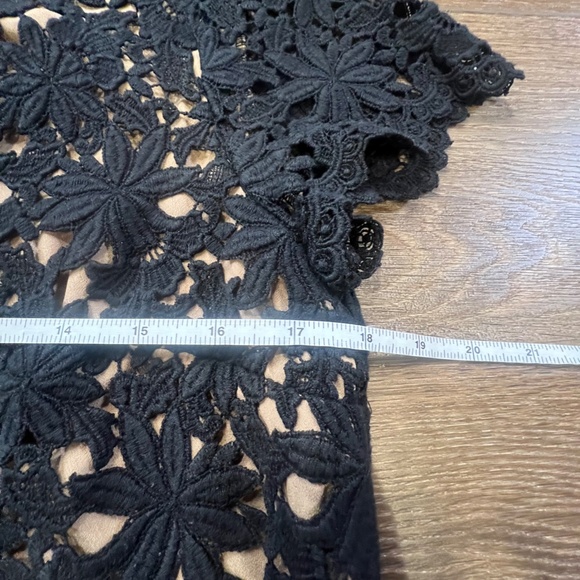 Talbots Women's Petite Lace Overlay Blouse, Black with tan, 8P, Short Sleeve - Picture 7 of 8